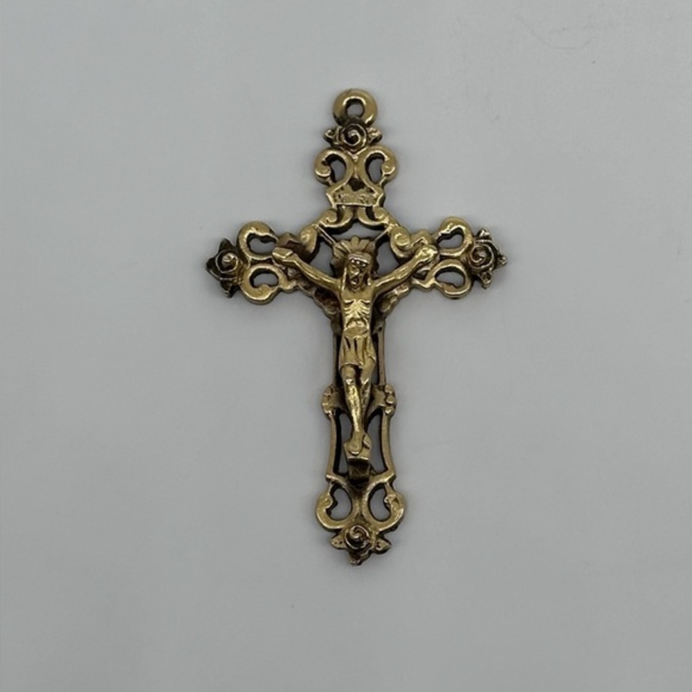 Vintage Brass Ornate Crucifix Pendant – Baroque Style Jesus Cross INRI